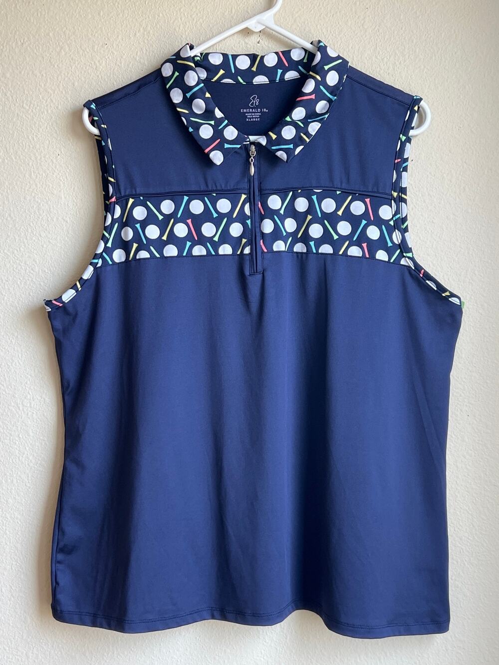 Emerald 18 Navy Blue Golf Ball Tee Print Sleeveless Polo Shirt Size XL 1/4 zip